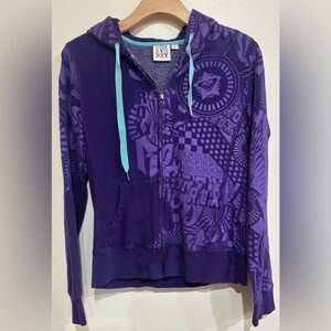 Y2K Roxy Zip Up Logo Drawstring Hoodie Size Large Surfer Punk Skate Goth Purple